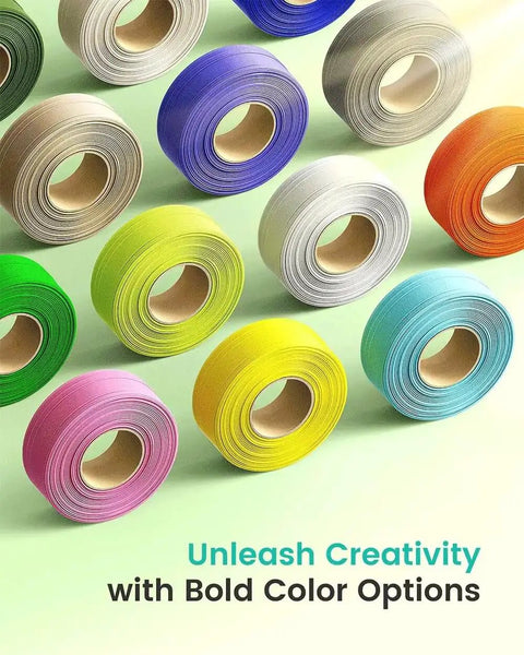 Multiple rolls of colorful filament for 3D printing, including green, yellow, and blue, displayed on a pastel background.