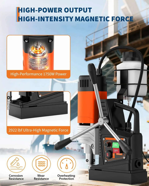 Side view of Beast Magnetic Drill Press With 1750W Copper Motor And 810 RPM for metalwork, featuring controls and magnetic base.