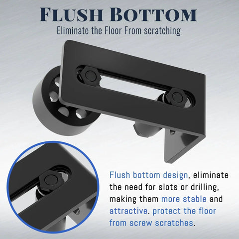 Sliding Barn Door Floor Guide Set With Wall Mount Flush Flat Bottom Guides showing black design with roller slots