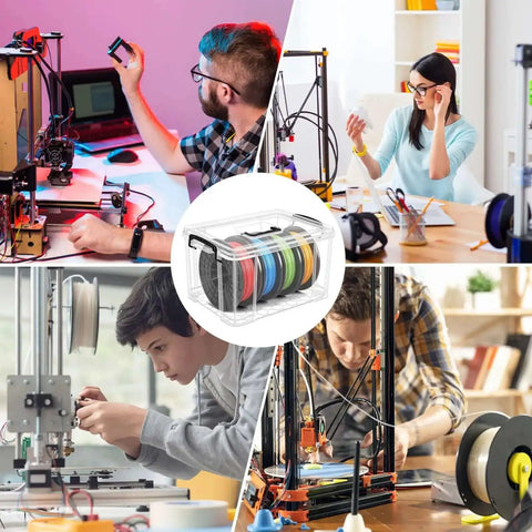 Filament Storage Box For 3D Printer With Reusable Desiccants displayed among people using 3D printers, promoting easy visibility and moisture control.