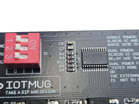 Close-up of 8 Channel I2C Relay Board with USB C Dual Power 3V3 And 5V SPDT 10A circuit components and XL9535 GPIO chip visible