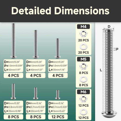 Detailed dimensions of screw sizes in DIY Ready Metric Screw Set 120 Pcs M4 M5 M6 Button Head Socket Cap Screws With Nuts And Washers.