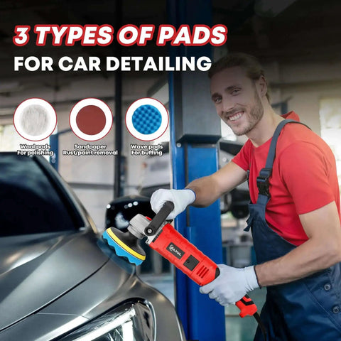 Person using 1600W Car Polisher with 7 inch and 6 inch heads, includes 6 foam pads and 3 wool pads, on vehicle