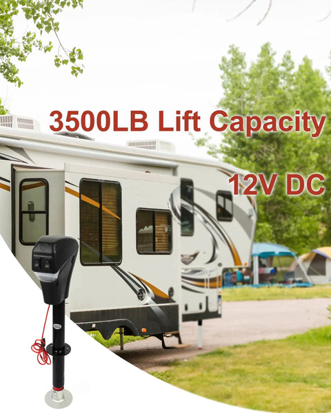 Electric Trailer Tongue Jack 3500Lbs A Frame Lift 18 Inch 12V DC Heavy Duty beside a large RV in a camping area
