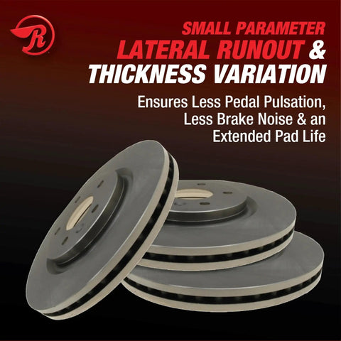Raybestos R-Line front disc brake rotors, set of 3, grey metal, front view