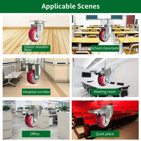 Heavy Duty 4 Inch PU Caster Wheels For Platform Trucks Up To 265 Pounds Silent And Durable With Integral Mold Plate Caster Design displayed in various settings like classrooms and offices.