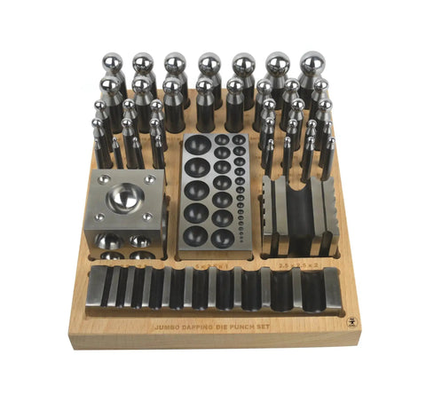 Pro Grade Steel Dapping Doming Punch Set With Wooden Base For Jewelry Making And Metal Forming, 36 Dapping Punches, Cube Dapping Die, Forming Block, Bending Block, Die And Wooden Stand on display