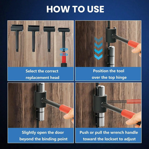 Instructions for using 4 In 1 Door Hinge Adjustment Tool For Residential And Commercial Use, Heavy Duty Gap Adjusting Wrench With Threaded Design And Rubber Handle, Fits Most Door Hinges From 0.55 To 0.98 Inches, Durable Alloy Steel.