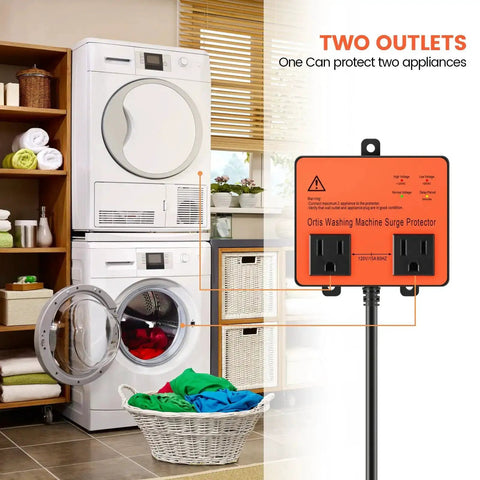 Washing Machine Surge Protector With Time Delay Keeps Your Gear Safe From Power Drama Brownouts Spikes Surges And All Voltage Fluctuations For Home Appliances Orange Finish installed next to washer and dryer.