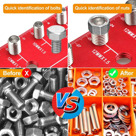 Nut And Bolt Thread Checker For Quick Sizing With 19 SAE Standard And 17 Metric Thread Sizes Plus 19 Drill Bit Gauges, demonstrating easy identification of nuts and bolts on tool surface before and after sorting.