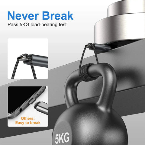 Braided USB Type C To A Cable 5 Pack 6ft Fast Charging 3A Power Cord holding 5kg weight in load-bearing test