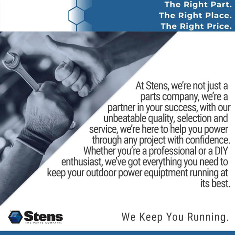 Stens promotional image with a mechanic holding a wrench, emphasizing partnership and quality service.