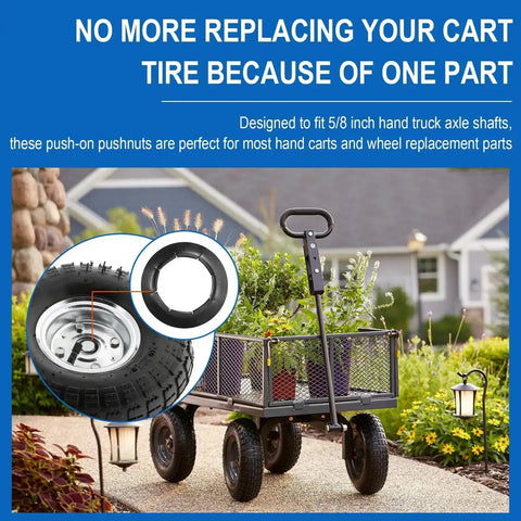 Heavy Duty Push Nuts For Dolly Wheel Lock Washers Fits Five Eighths Inch Dolly Axle Rods Spring Steel Push On Nuts With Oiled Phosphate Finish 10 Pack installed on hand cart wheels