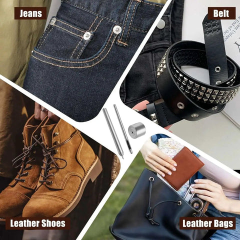 Eyelet Hole Punch Die Tool For Leather Craft And DIY Projects 3mm Grommet Setter With Base and Ram shown with jeans, belt, leather shoes, and bag.