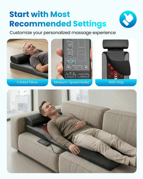Man relaxing on sofa with Full Body Massage Mat With Heat And Shiatsu Kneading For Deep Tissue Back Pain Relief