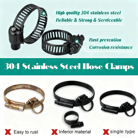 Dianrui 32 pcs black 304 stainless hose clamp set, sizes 1/4–2 in (6–51 mm), worm gear clamps for automotive and marine use