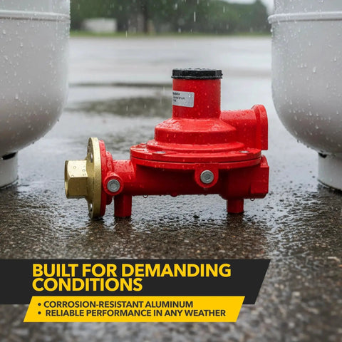Beefy Compact First Stage Propane Regulator With Female POL Inlet And One Half Inch NPT Outlet For Two Stage LP Gas Systems shown outdoors