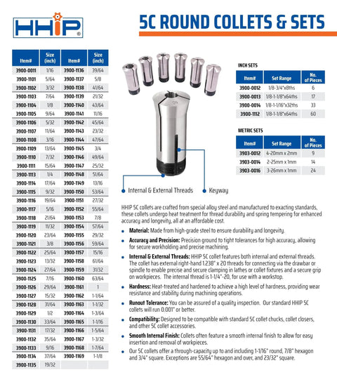 Catalog page displaying 5C round collets, focusing on Seven Sixteenths Inch 5C Round Collet For Milling And Lathe, detailed specifications included.