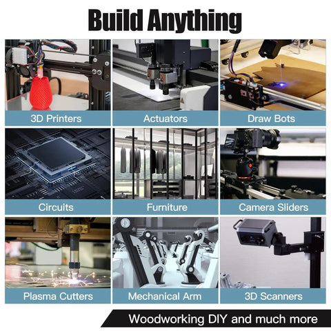 Collage of applications for aluminum extrusion: 3D printers, actuators, draw bots, circuits, furniture, camera sliders, plasma cutters, mechanical arms, 3D scanners.
