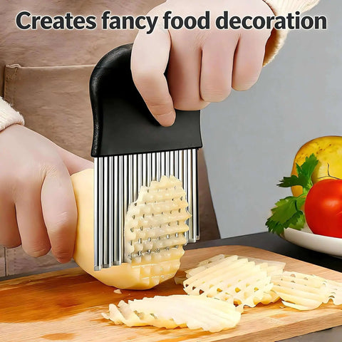 French Fry Slicer With Large Crinkle Cutter For Perfect Fries And Veggie Slices, Stainless Steel Wavy Knife Tool For Potatoes Fruits And More used to cut potato in kitchen