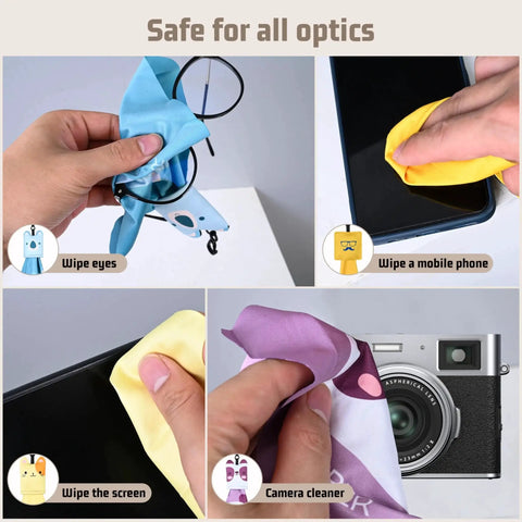Collage of Six Pack Premium Microfiber Glasses Cleaning Cloths For Eyeglasses And Screens used on glasses, phone, tablet, and camera lens.