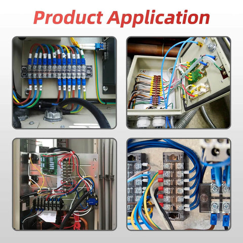 15A Screw Terminal Block 4P 5P 6P Dual Row Covered 600V Pre Insulated Barrier Strips 12 Piece Set installed in electrical setups.