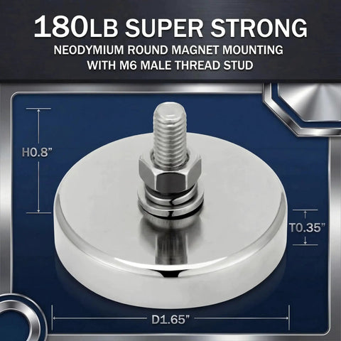 Close-up of neodymium round mounting magnet with M6 bolt, silver finish, 1.65in diameter, 180lb capacity