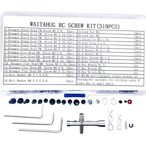 Universal 634 Piece RC Screw Kit For Traxxas Arrma HPI RC4WD Axial Tamiya Redcat Losi And More All In One Heavy Duty Metal Screws And Repair Tools For RC Cars Trucks Crawlers And Track Vehicles Must Have Go To Kit containing assorted screws and tools, displayed with package details.