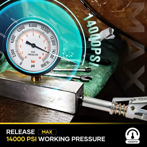 Upgraded 14000 PSI Grease Gun Coupler with Locking Sealing Jaws in use, showing gas pressure gauge and fittings in garage