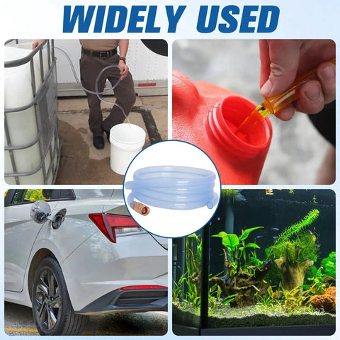 Collage showing various uses of One Half Inch Siphon Hose for Gasoline and Water Transfer Self Priming 10ft, including car refueling and aquarium.