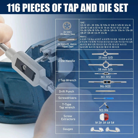 116 Piece Tap And Die Set With SAE And Metric Taps And Dies For Threading And Rethreading Internal And External Threads M3 To M18 Includes Tap And Die Wrenches Thread Gauges Screw Extractors Screwdriver Punch T Handle And Storage Case A Real Workhorse Kit with product details and close-up of tool usage.
