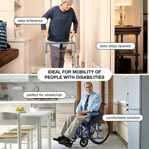Person using walker through a door with 3 Pack Offset Door Hinges Brushed Nickel 3.5 Inch 5/8 Inch Radius Swing Clear For Exterior And Interior Doors With Wall Stopper And Grease Heavy Duty Hardware installed.