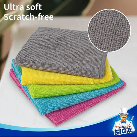 Stack of colorful All Purpose Microfiber Cleaning Cloths Pack Of 50 11.8 By 11.8 Inches Lint Free on a table, close-up texture view.