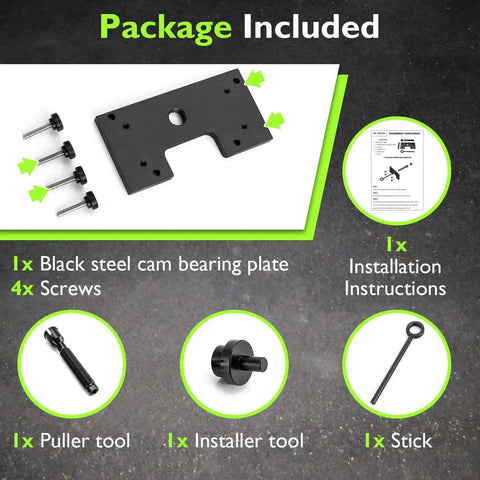 Inner Camshaft Bearing Installer And Remover Tool For Harley M8 Engines 2017-2025 kit components layout with plate and tools.