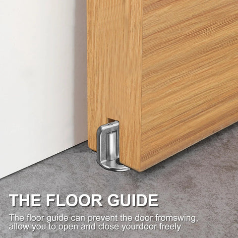 2 Pack Sliding Barn Door Floor Guide With Adjustable Three Roller Design And Wall Mount System installed on wooden door