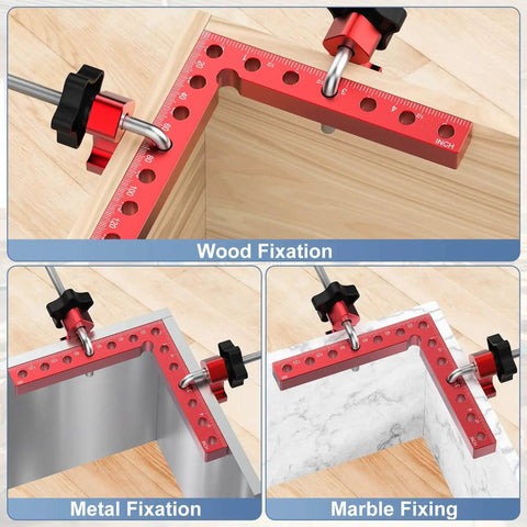 Right Angle Corner Clamp Set For Woodworking Pro Grade Aluminum Alloy Four Pack Five Point Five Inch Square Positioning Squares Heavy Duty 90 Degree Precision Ideal For Picture Frames Boxes Cabinets And Drawers, shown in use for wood, metal, and marble fixation.