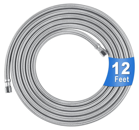 Refrigerator water line, 12 ft, stainless steel braided with 1/4 in compression fittings
