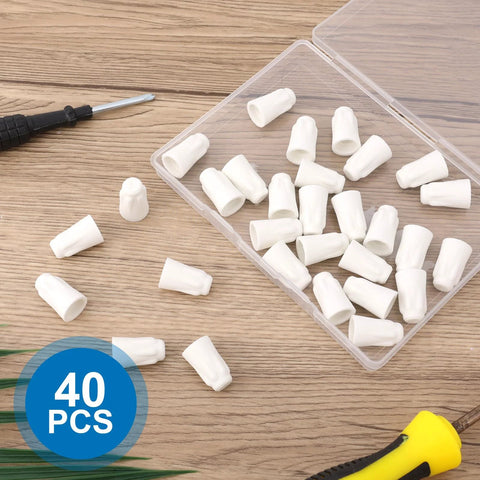 White ceramic wire connector caps, large size; 40 pcs in clear plastic storage box