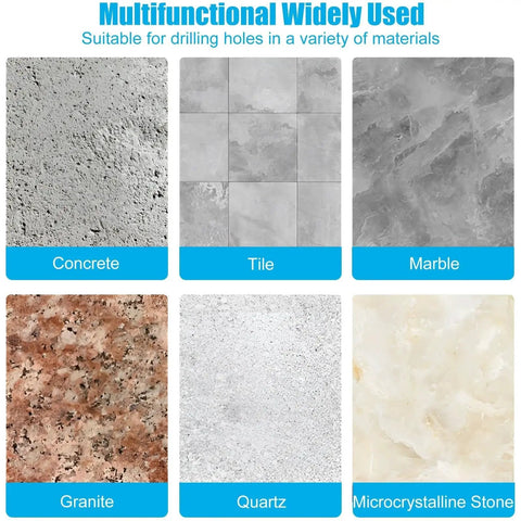 Image showing materials for Two Pack Diamond Brazed Step Drill Bits Set Pro Grade M10 Thread, including concrete, tile, marble, granite, quartz, and microcrystalline stone.