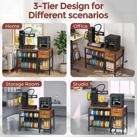 All In One 3D Printer Workstation With Filament Storage, Metal Table, Drawer, And Power Hub in home, office, storage, studio