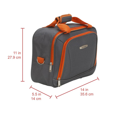 Expandable Softside Upright Luggage Set In Charcoal, 14 Inch Tote, side view, showing dimensions and orange accents by Rockland