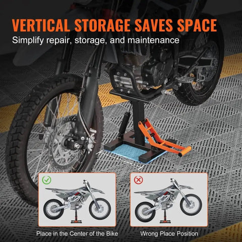 Heavy Duty Dirt Bike Lift Stand With 440 Lb Capacity And Hydraulic Lift under a dirt bike on a garage floor