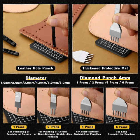 Image showing All In One Pro Grade Leather Stitching Hole Punch Tool Set with 4mm prong punches and thickened protective mat.