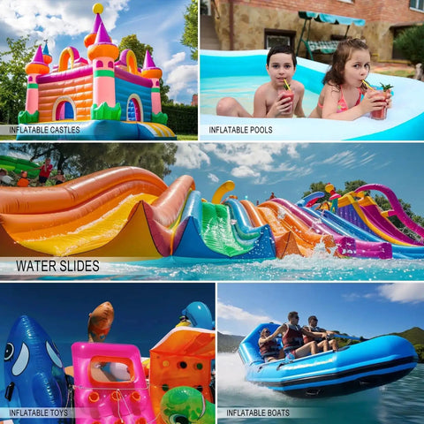 Collage of inflatable castles, pools, water slides, toys, and boats showcasing versatility for Heavy-Duty Pool Patch Repair Kit For Inflatables With Peel-And-Stick TPU Vinyl Waterproof Patch Kit For Pool Liners Air Beds Bounce Houses Above Ground Pools Water Slides Easy DIY 12 Pack.
