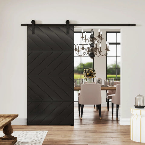 Black sliding barn door 36 by 84 inches with pre drilled slab, hardware kit and handle, MDF and PVC surface, installed in dining room.