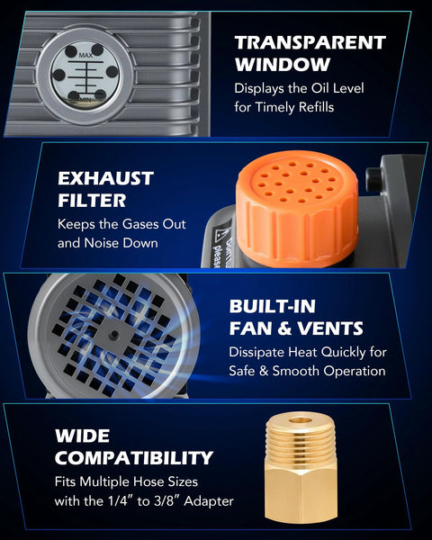 Orion Motor Tech AC vacuum pump and gauge kit with orange exhaust filter cap, built-in fan, and hose adapters.