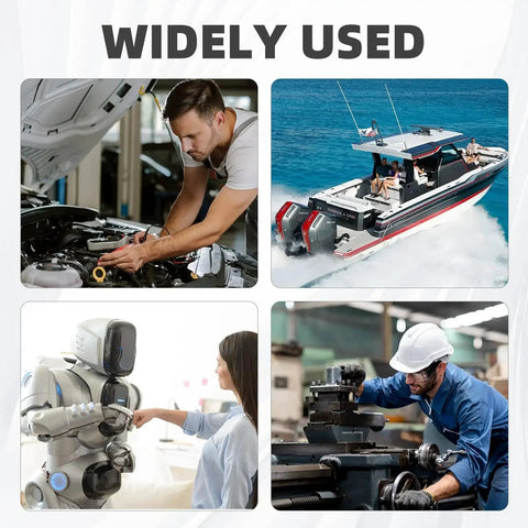 Collage showing uses of Copper Anti Seize Thread Lubricant 30g in automotive, marine, robotic, and industrial applications.