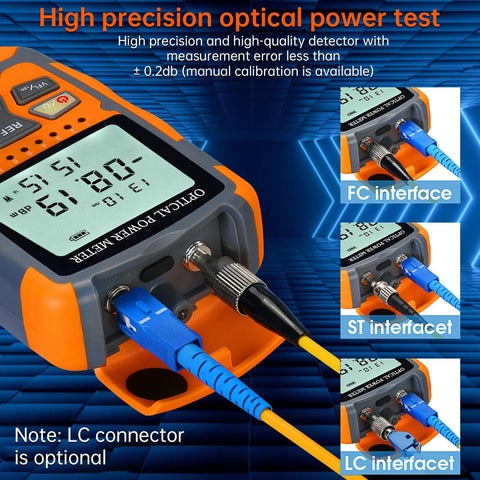 Duogalia fiber optic tester portable power meter with built-in 10km VFL; orange body with blue FC/ST adapters (LC optional)