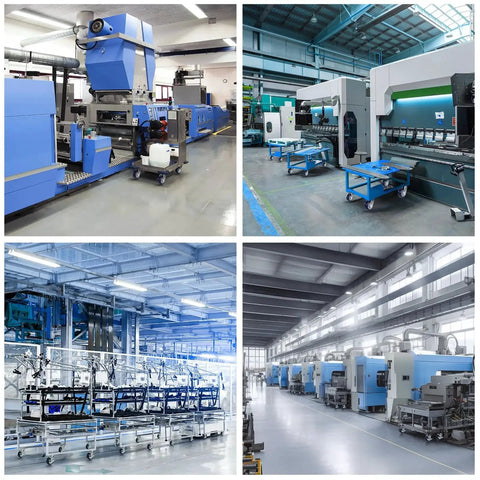Industrial machinery in a factory using 5 Inch Caster Wheels Set Of Four With Premium Polyurethane Tread On Polypropylene Core Half Inch Bore Double Precision Ball Bearings Heavy Duty Casters With 3200 Lbs Capacity Ideal For Carts And Dollies In Workshops And Warehouses for mobility.