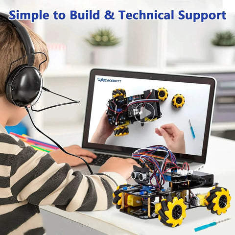 Child using the Smart Robot Car Kit For Arduino And ESP32 Controllers with laptop tutorial, ideal coding gift for STEM learning.